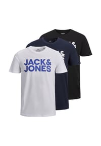 JACK & JONES - Herren T-Shirt, 3er Pack - JJECORP LOGO TEE O-NECK, Logo-Print, Baumwolle - Schwarz/Marineblau/Weiß