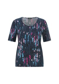 GOLDNER - Kurzgröße:  Viskoseshirt mit Blüten und Längsstreifen - anthrazit / türkis / pink / gemustert