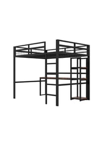 KOMHTOM - Hochbett 140 x 200cm Eisenrahmen, mit usb type-c, Geländer, Trittleiter, ohne Matratze, Schwarz - Schwarz