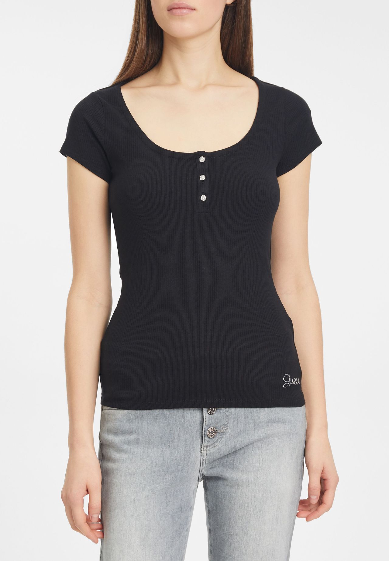 GUESS T-Shirt, Henley, Ripp-Struktur, Strass, für Damen | GALERIA