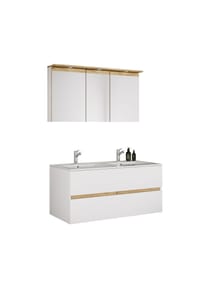 VCM. - 3-tlg. Doppelwaschtisch Cosila mit Doppel Keramikbecken – Badschrank  H. 51 x B. 111 x T. 51 cm mit 2 Softclose-Schubladen, Spiegelschrank mit Beleuchtung & Steckdose, Waschplatz Set Cosila-I - Anthrazit / Honig-Eiche