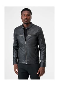 RICANO - Herren Biker-Lederjacke Gerard mit Brusttaschen,Bikerapplikationen & Stehkragen - Schwarz