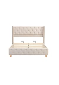 KOMHTOM - Polsterbett 140x190 cm, Leinen beige, mit Lattenrost, Kopfteil & Holzbeinen – ohne Matratze - Beige