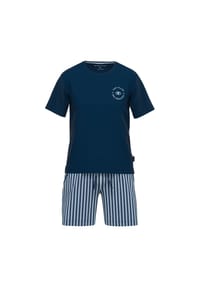 TOM TAILOR - Herren Schlafanzug - kurz, Rundhals, Streifen, Pyjama, Baumwolle - Blau