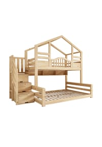 KOMHTOM - Hausbett 90x200 oben 140x200 unten mit Treppenschrank in Hell Natürlich - Naturfarben