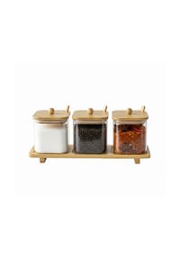 Cheffinger - Gewürzbehälter aus Glas mit Bambus-Tablett, Löffeln & Deckeln - Transparent, Braun 36 x 12 x 12 cm