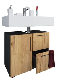 VCM. - Holz Waschbeckenunterschrank | Badschrank | Maße: H. 51 x B. 61 x T. 32 cm | 1 Drehtür | 2 große Schubladen | modernes Badezimmermöbel - Flandu - Anthrazit / Honig-Eiche