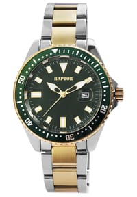 RAPTOR Raptor - Herren Quarz Armbanduhr Serious mit Edelstahlgliederarmband - 3 ATM - Mineralglas - gold-grün-silber
