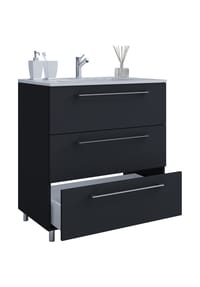 VCM. - 2-tlg. Waschplatz Waschtisch | Waschbecken Unterschrank Breite 60 cm | Badmöbel Set stehend | 3 Schubladen | Badinos - Schwarz