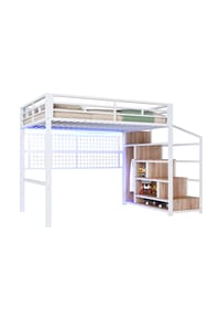 KOMHTOM - Hochbett 140 x 200cm mit Kleiderschrank, Stauraumleiter, 7-farbige LED-Leuchten, ohne Matratze, weiß - Weiß