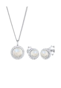 elli. PREMIUM - Schmuckset Mondstein Rund Blüte Boho 925 Sterling Silber - Gold