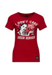 QUEEN KEROSIN - Print-Shirt Frontprint im Werbegrafik-Stil mit prostender Dame und Spruch I Don't Care - bordeaux