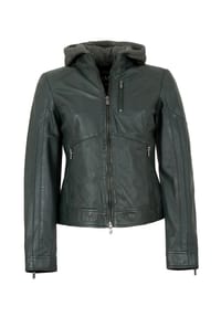 JILANI - Damen Lederjacke Lammnappa Kapuze dunkelgrün - dunkelgrün