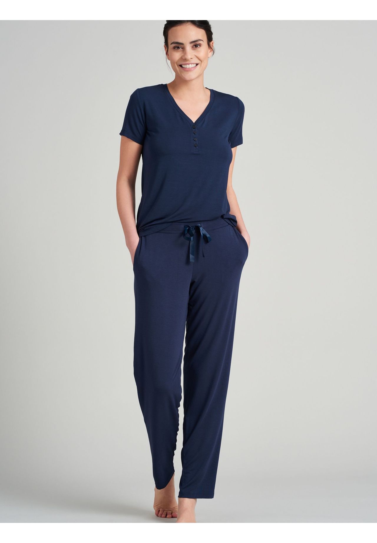 Schiesser Mix & Relax Schlafhose, Gummibund, Tunnelzug, FüR Damen, Blau, 38