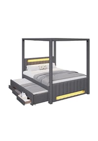 KOMHTOM - Himmelbett 140x200 cm mit Ausziehbett und drei Schubladen, Grau - Beige