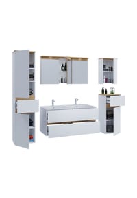 VCM. - 6-tlg. Doppelwaschtisch Cosila mit 1 Doppel Keramikbecken – Badschrank  H. 51 x B. 111 x T. 51 cm mit 2 Softclose-Schubladen, Spiegelschrank mit Beleuchtung & Steckdose, Midi und Hängeschrank, Waschplatz Set Cosila-I - Anthrazit / Honig-Eiche