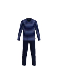 GÖTZBURG - Herren Schlafanzug, lang - V-Ausschnitt, gestreift, offene Bündchen, Baumwolle, Pyjama - 652 BLAU MITTEL
