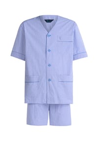 El Búho NOCTURNO® - Kurzer Herren-Schlafanzug. Knopfleiste, Baumwoll-Popeline, kariert - hellblau