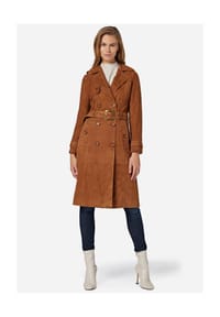 RICANO - Damen Ledermantel Gloria, Trenchcoat mit Reverskragen und Zweireihigem Verschluss - Camel (Wildleder)