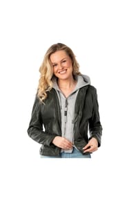 Mauritius LEATHERWEAR - Damen Lederjacke Lammnappa Kapuze dark olive - dark olive