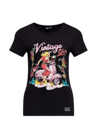 QUEEN KEROSIN - Print-Shirt Farbiger Frontprint mit Pin-up auf Motorroller, Rosen und Schwalben Vintage Chic - schwarz
