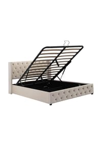 KOMHTOM - Polster-Doppelbett 140x190 cm, Samt, schwarz/beige, mit Knopfheftung & Nieten - Beige