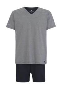 TOM TAILOR Schlafanzug, Shorty, V-Ausschnitt, Logo-Badge, gestreift, für Herren Bild 1