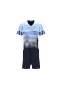 hajo - Herren Schlafanzug, kurz - Klima-Komfort, Pyjama, Bermuda, V-Ausschnitt, Baumwoll-Mix - Blau/Grau