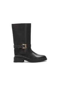 Kazar - Flache Lederstiefel mit einem Riemen verziert - Schwarz