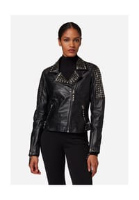 RICANO - Damen Lederjacke Studd, Bikerjacke mit Nietenbesatz auf Schulter und Rücken - Grau