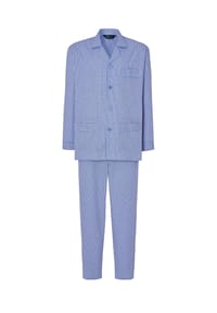 El Búho NOCTURNO® - Herren-Schlafanzug mit Reverskragen, Baumwoll-Popeline, kariert - blau