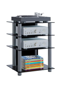 VCM. - Hifi Möbel | Rack Schrank Phono Regal | Alusäulen | ESG-Glasböden | Maße: H. 70 x B. 59 x T. 48 cm | Phono Mediaregal - Bilus - Klarglas