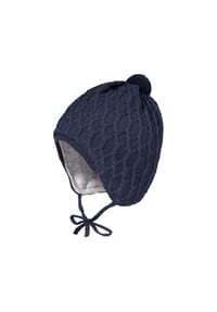 maximo® - BABY-Mütze, Zopfstruktur, Band ausgenäht, Blende, Pompon - aubergine