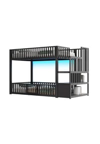 KOMHTOM - Etagenbett 90x200 cm mit Stauraumleiter und mit LED, Schwarz - Schwarz