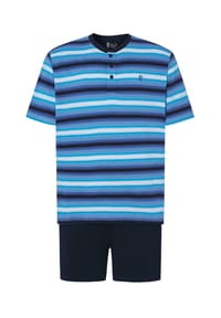 El Búho NOCTURNO® - Kurzer Herren-Schlafanzug, Knopfleiste, Baumwolle, gestreift - blau/türkis/weiß