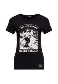 QUEEN KEROSIN - Print-Shirt Zweifarbiger Frontprint mit Pin-up auf Skiern und Comic-Wolf Hottie On A Ride - schwarz