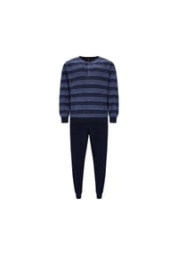 hajo - Herren Schlafanzug, lang - Nicki, Bündchen, Pyjama, Baumwollmischung - Blau