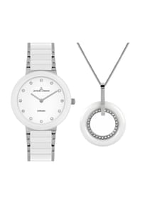 JACQUES LEMANS MONACO - Damen Uhren-Set, "42-7H-SET", Armbanduhr, Kette mit Anhänger - WEIß/SILBER