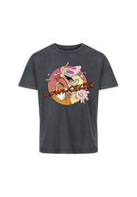 RE:COVERED - T-Shirt Cow & Chicken mit lustigem Frontprint im Comic-Stil - WASHED BLACK