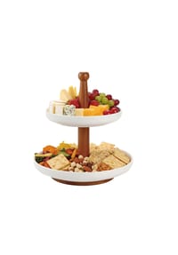 Cheffinger - Etagere mit 2 Keramiktellern - Servierständer für Kuchen, Muffins - Braun, Weiß 24,5 x 27 cm