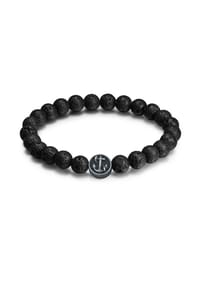 TRUE REBELS - Armband Anker Edelstahl Lava-Stein - schwarz