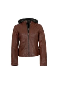JILANI - Damen Lederjacke Lammnappa Kapuze dunkles cognac - dunkel-cognac