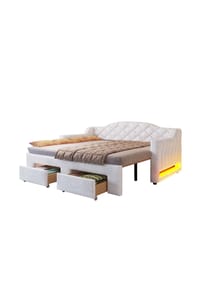 KOMHTOM - Tagesbett 90x200 bis 180x200 cm mit zwei Schubladen und LED-Beleuchtung, Weiß - Weiß