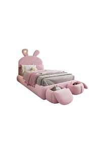 KOMHTOM - Kinderbett 90x200cm mit zwei Aufbewahrungshockern, rosafarbener Samtstoff - Beige