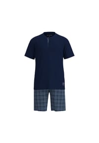 TOM TAILOR - Herren Schlafanzug, kurz - Shorty, Pyjama, Baumwolle, Henley-Kragen, Single Jersey - Blau