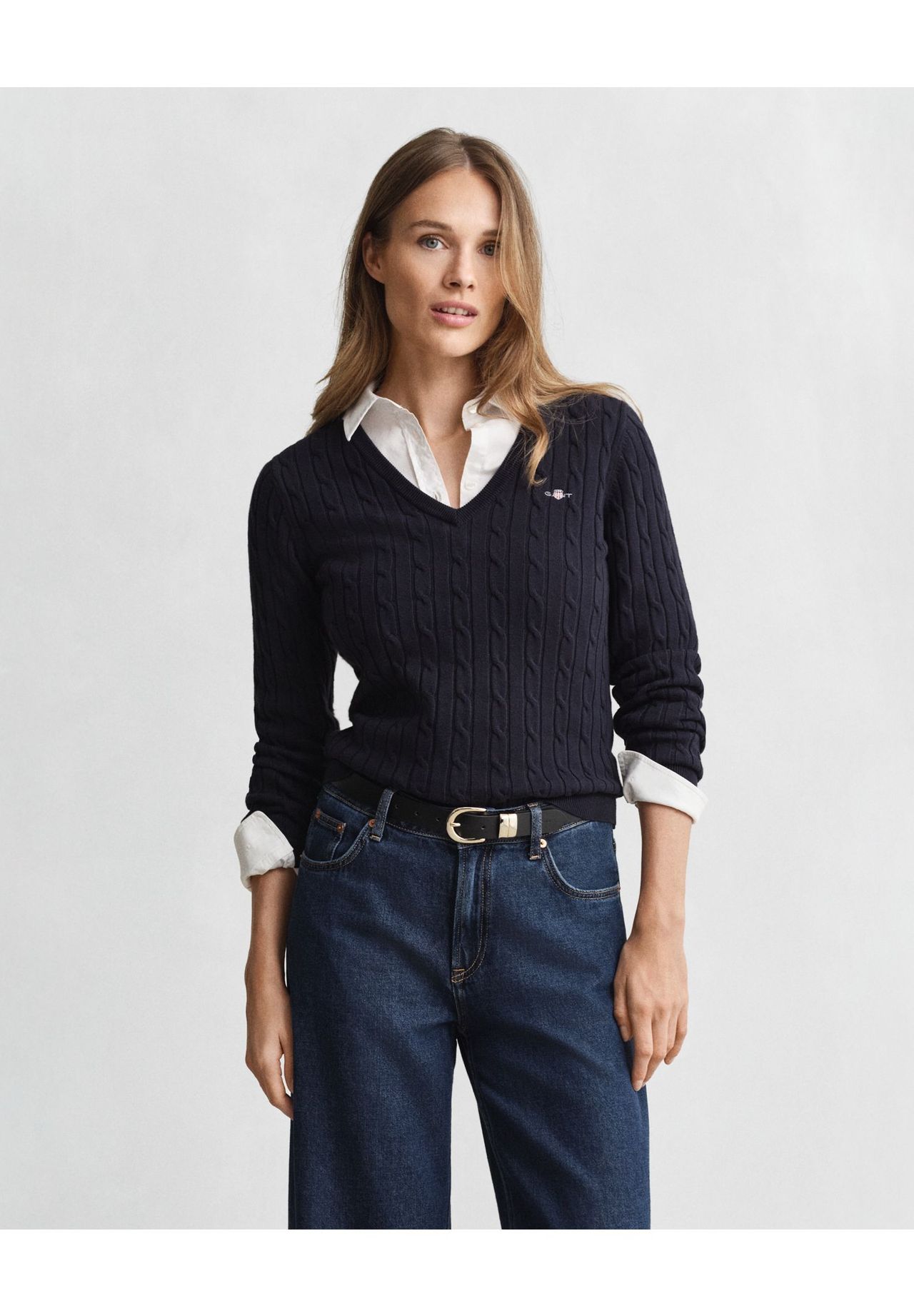 Gant Damen Cabel-Strickpullover - Stretch Cotton Cable V-NECK, Zopfstrick, Blau, S