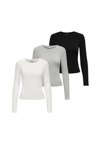 ONLY® - Damen Langarmshirt 3er Pack - ONLRILEY O-NECK TOP, Longsleeve, Rundhals, Cotton Stretch - Ecru