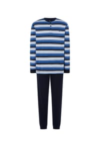 El Búho NOCTURNO® - Herren-Schlafanzug, Lang, Baumwolle, gestreift - blau/schwarz