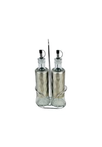 Cheffinger - 2-teiliges Öl und Essig Spender Set – Glasflaschen - Silber 28 x 12,5 cm