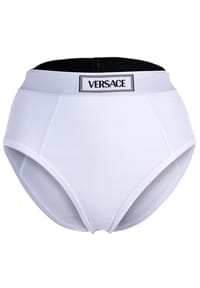 VERSACE - Damen Slip Highleg RIB - hoher Logo-Bund, Rippstrick, Baumwoll-Stretch - Grau